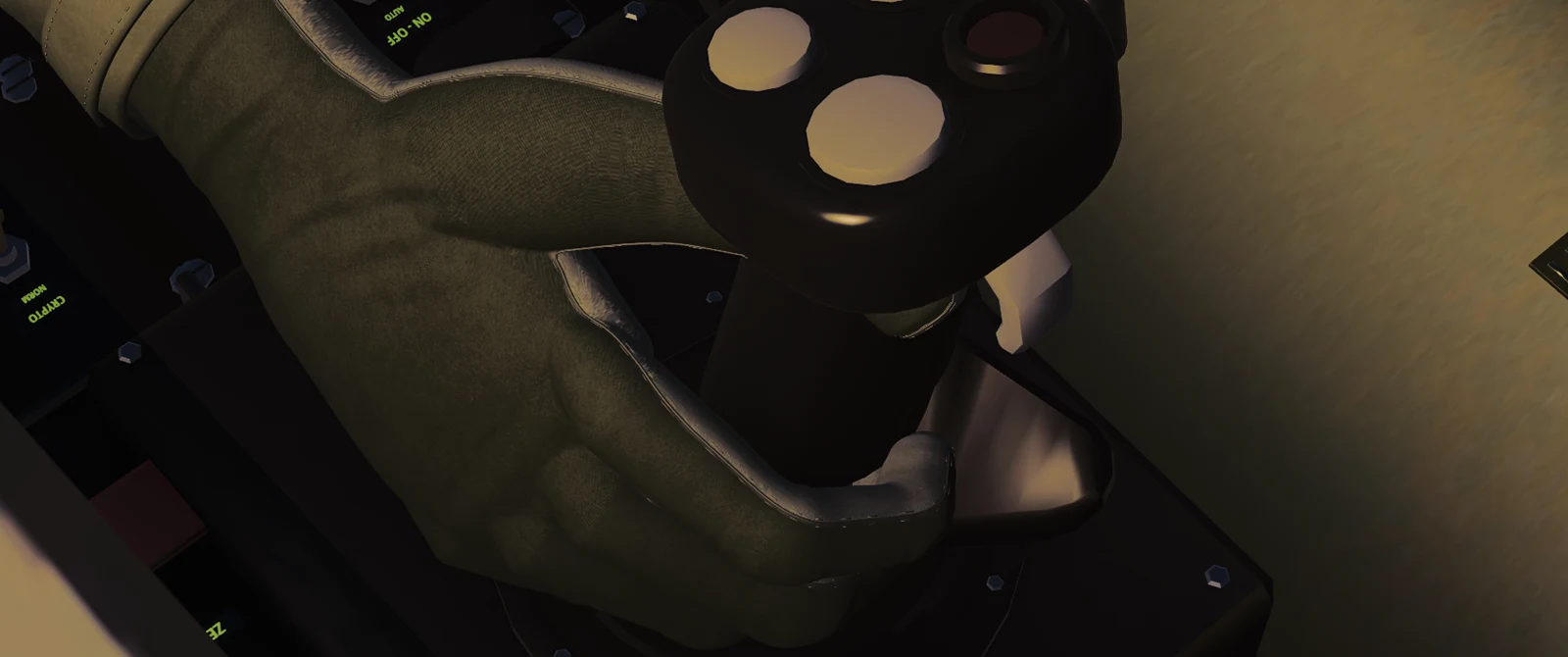 A gloved hand gripping the virtual flight stick